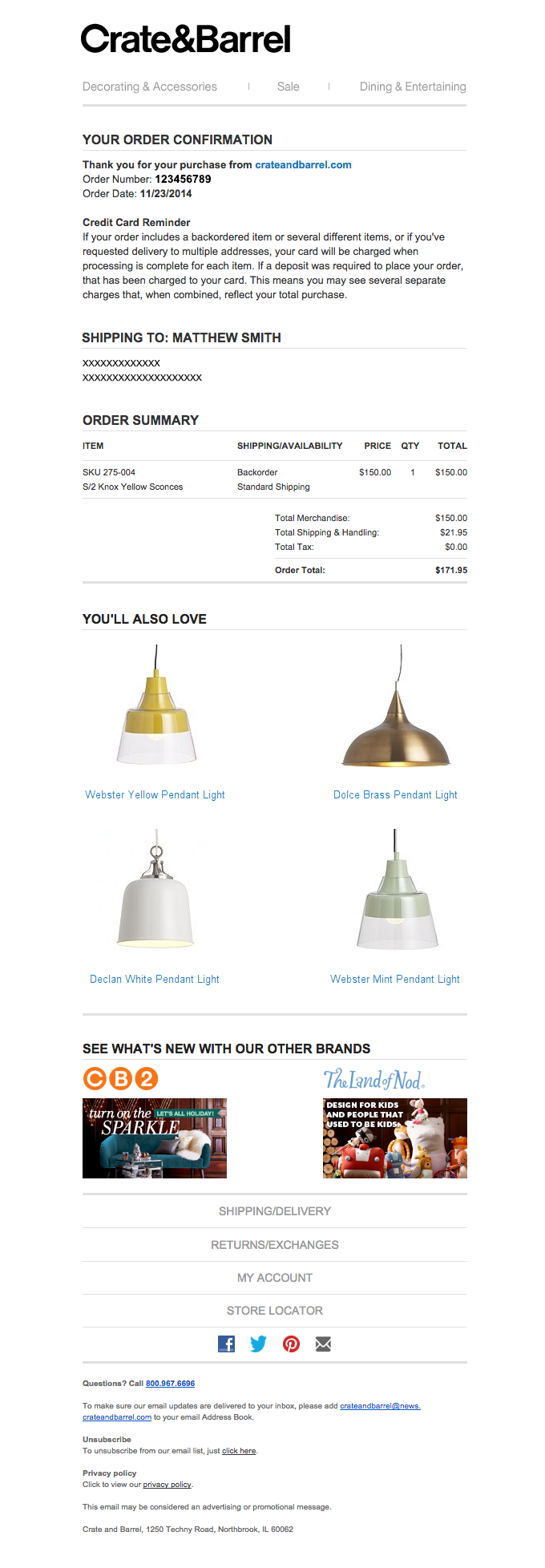 Crate & Barrel order confirmation email example featuring order details, cross-selling product recommendations, and customer service information for ecommerce automation
